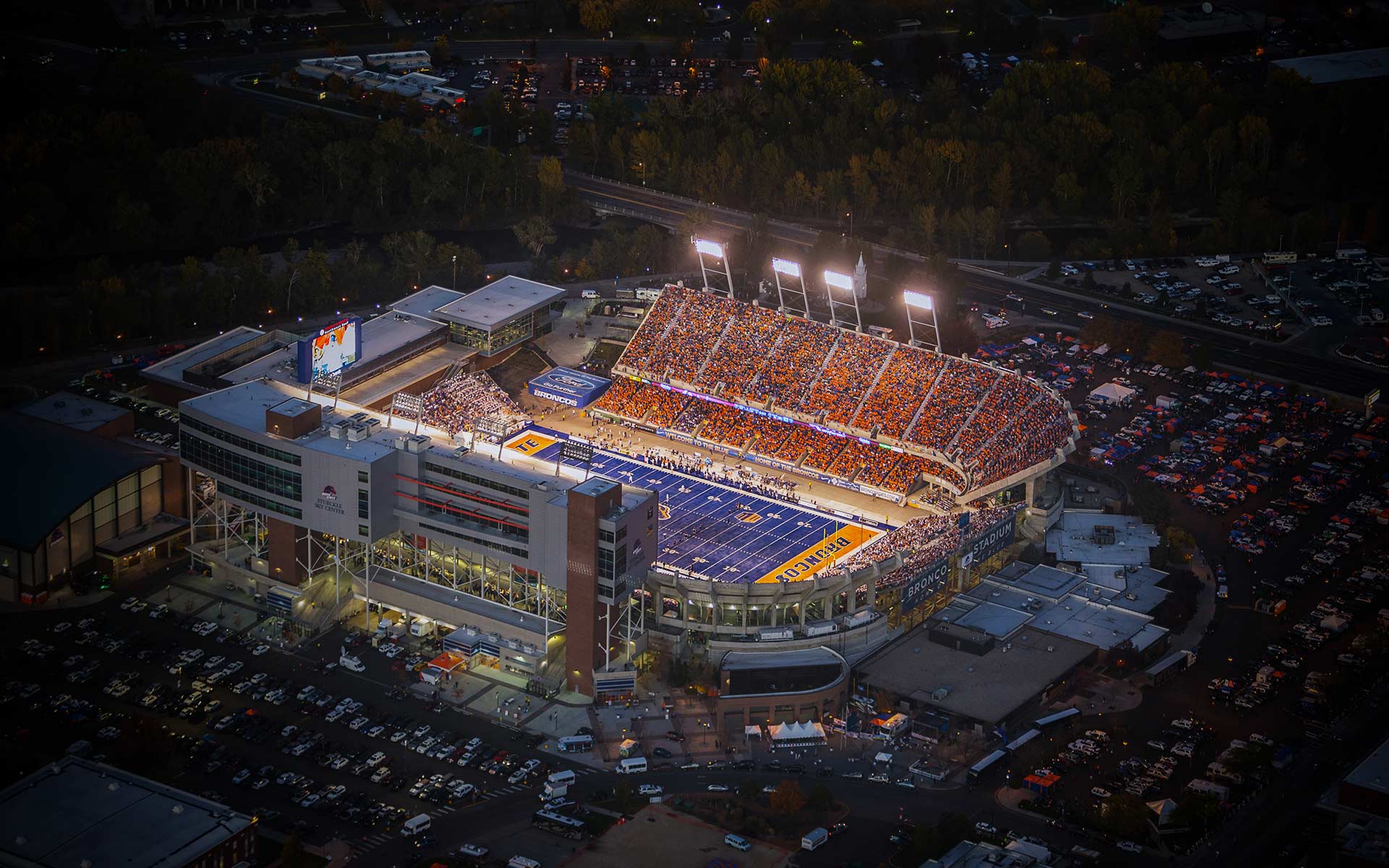 Aerial Photography-Boise State Football in Albertson Stadium at Night.