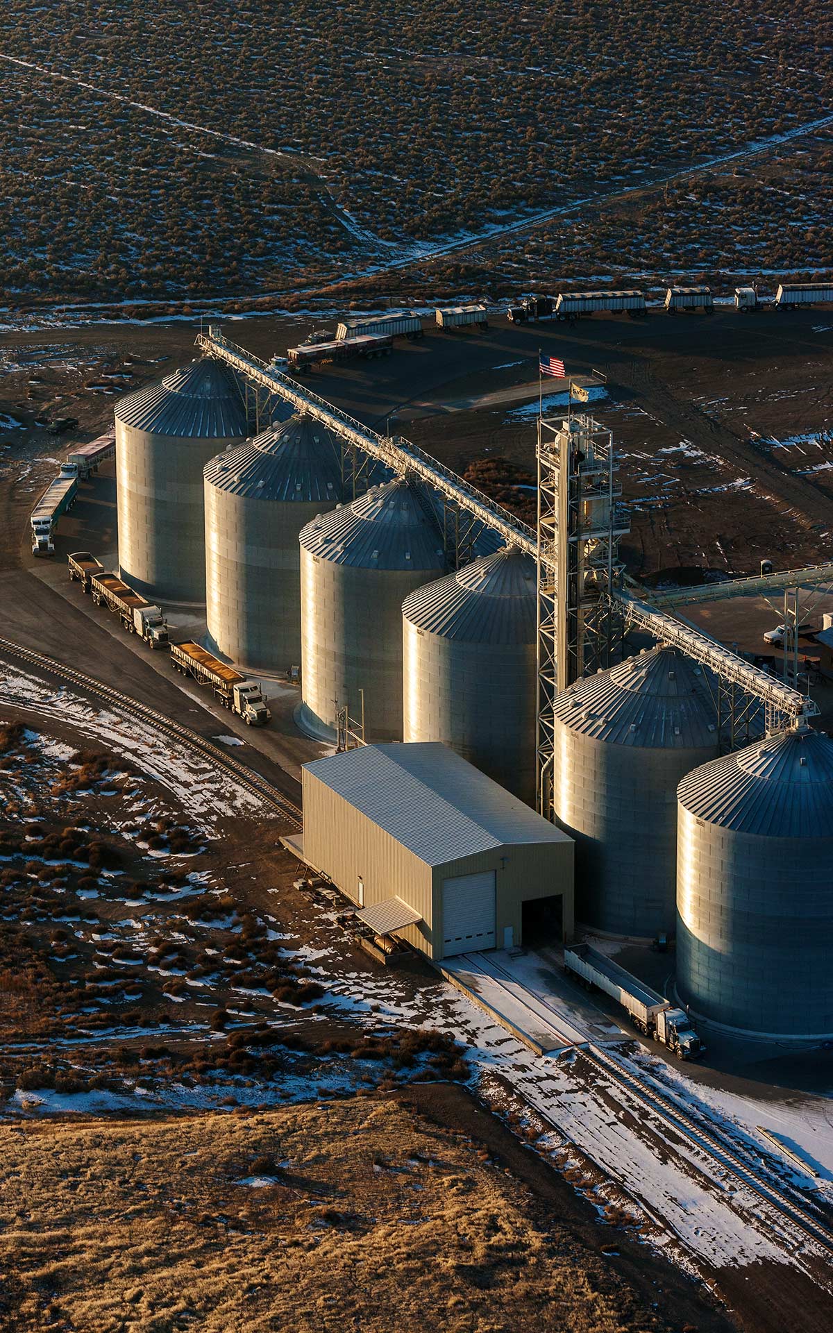 Aerial Photography-Truck Loading Que at Sunrise Near Mountain Home, Idaho.