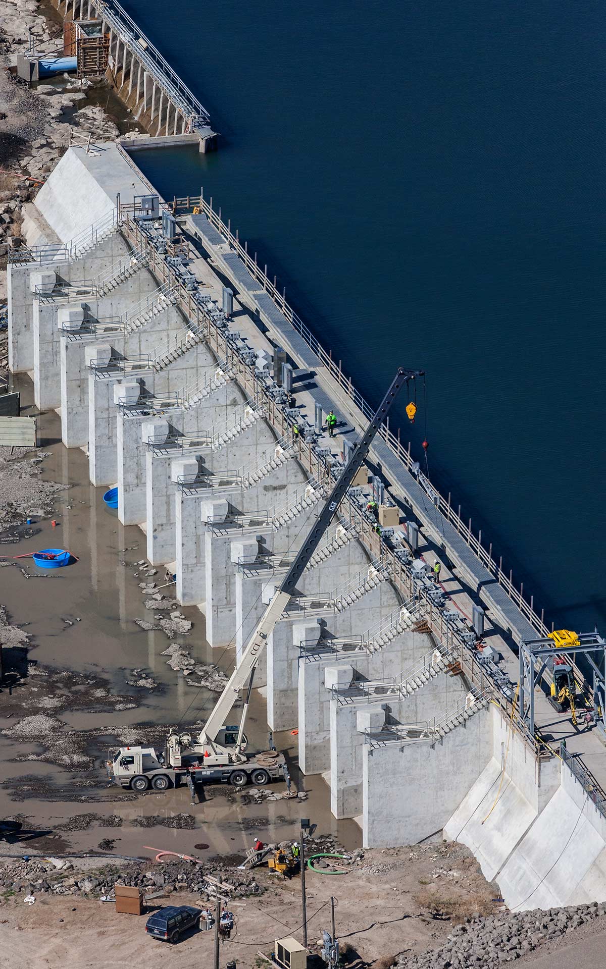 Aerial Photography-Dam Construction at Lake Walcott near Burley, Idaho, with Crane.