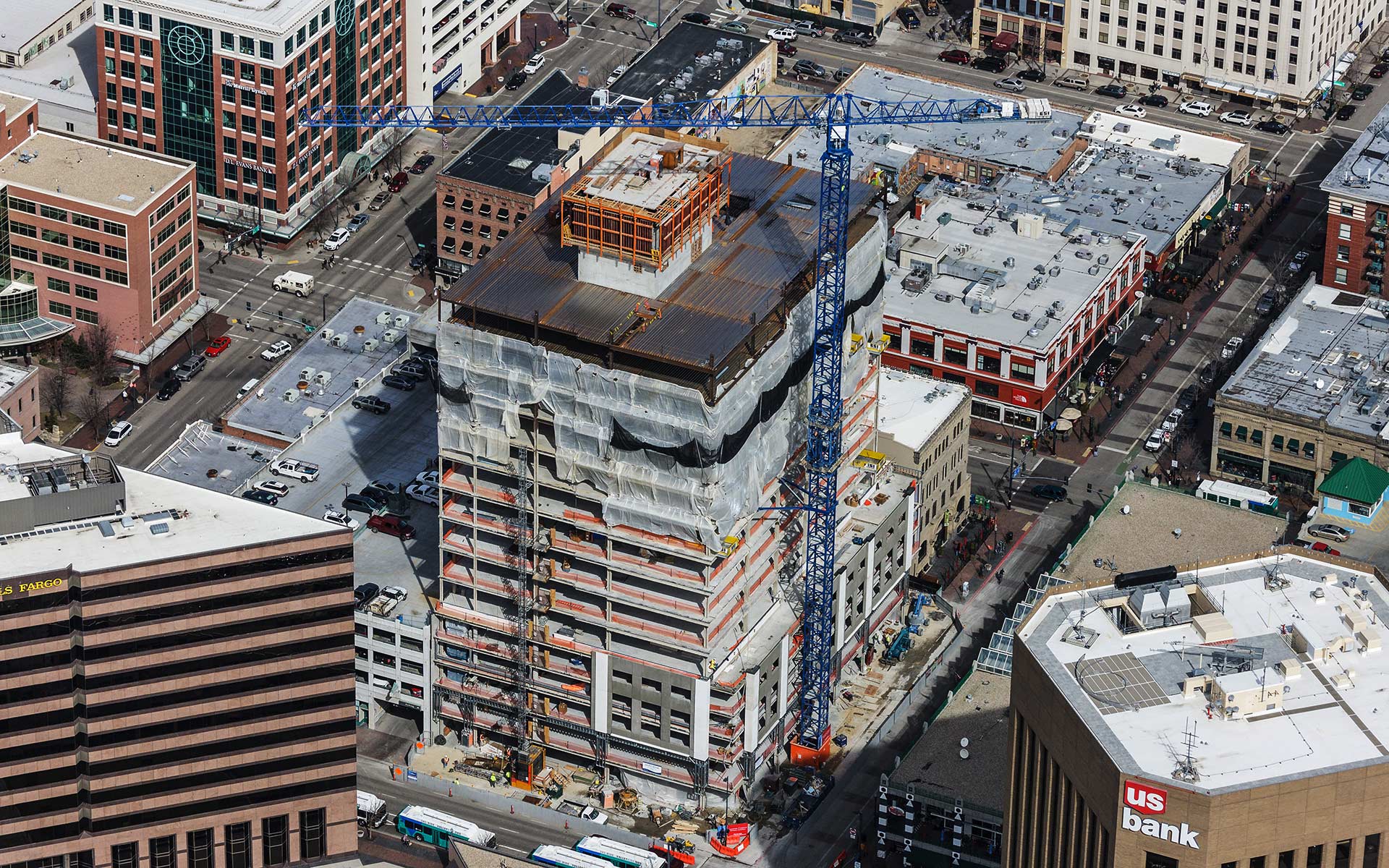 Aerial Photography-Construction Crane at Zion's Bank (8th & Main) in Downtown Boise, Idaho.