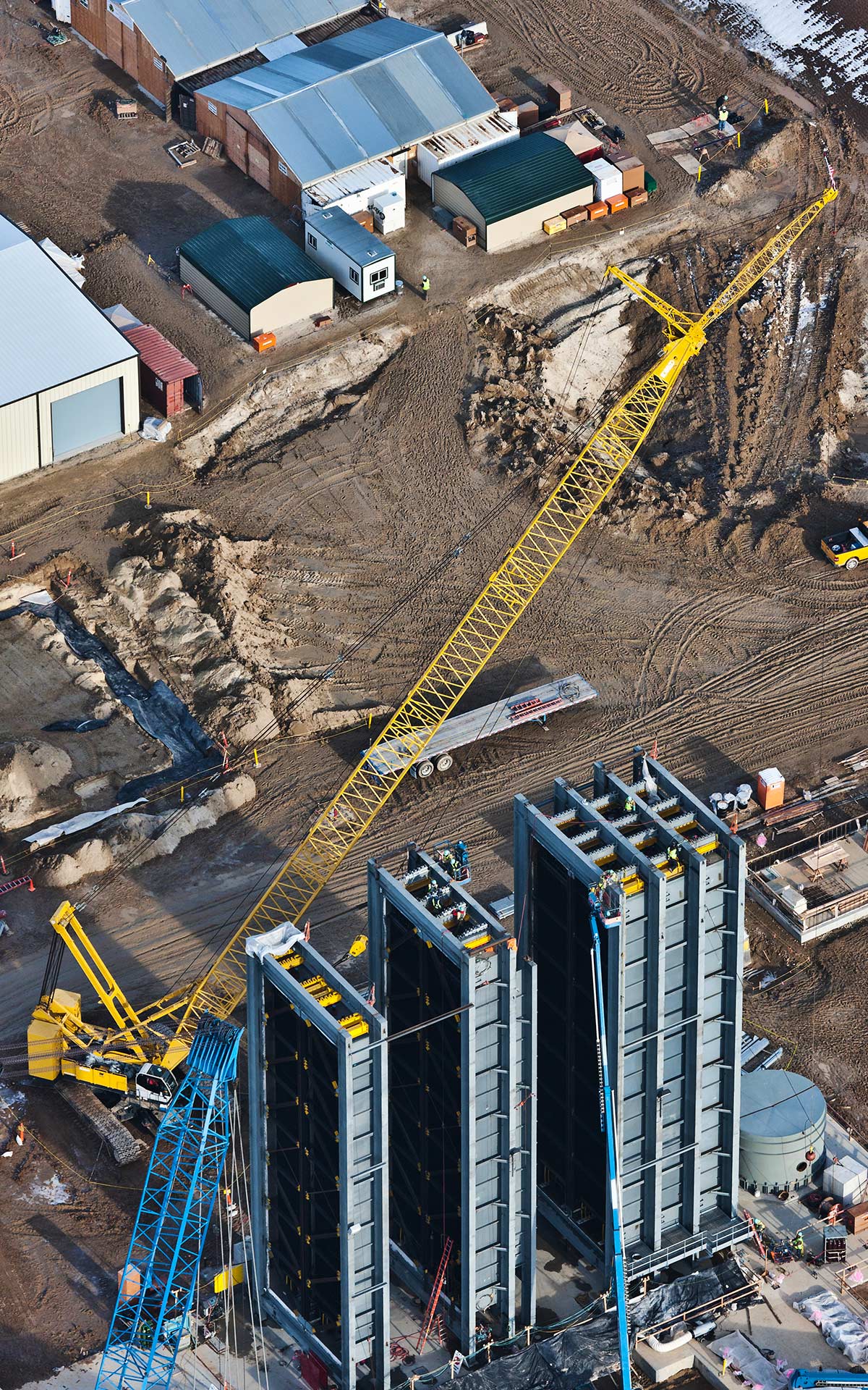 Aerial Photography-Crane Placing Heat Exchangers at Natural Gas Generation Plant During Construction.