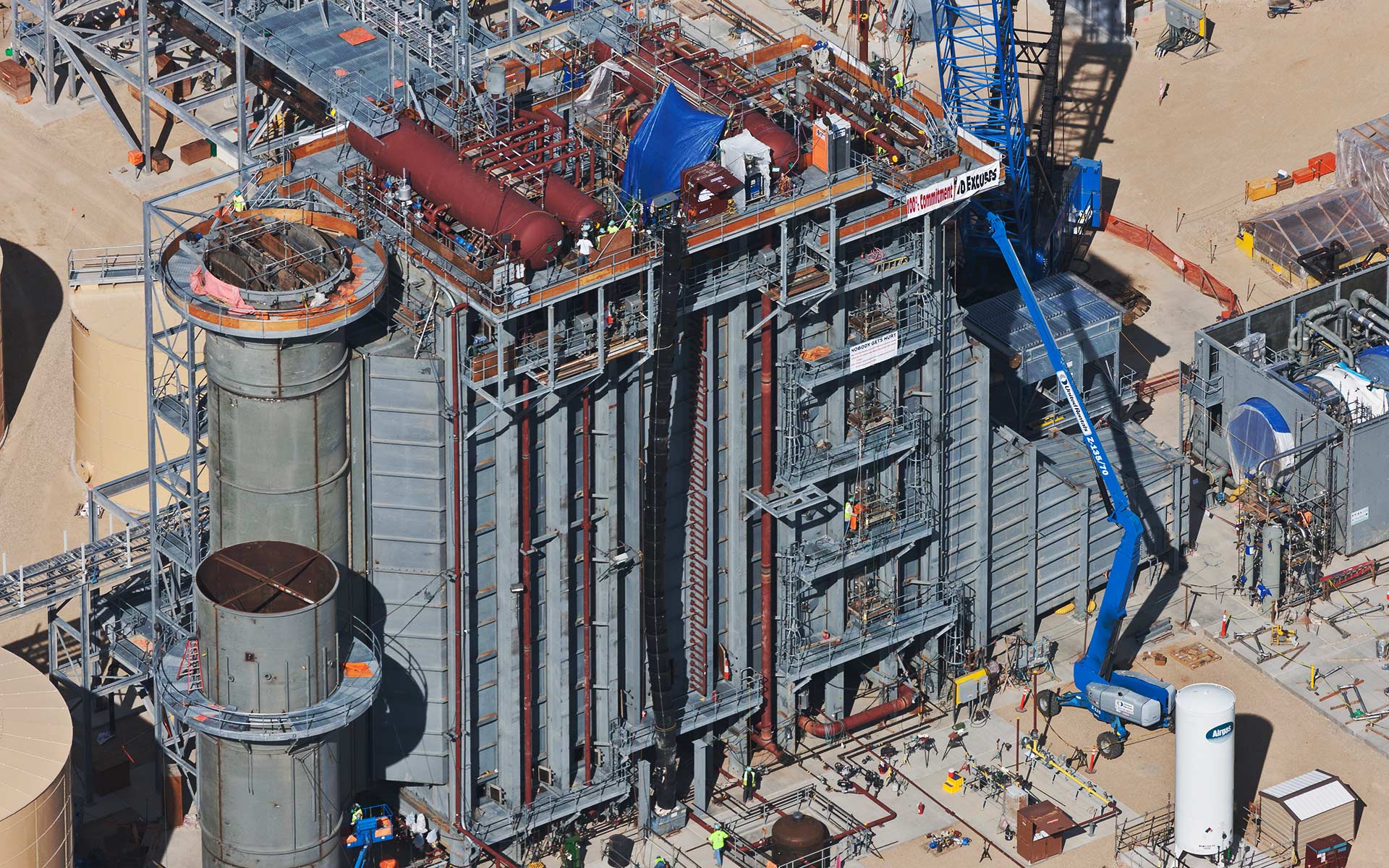 Aerial Photography; Natural Gas Power Generation Plant Construction with Cranes.