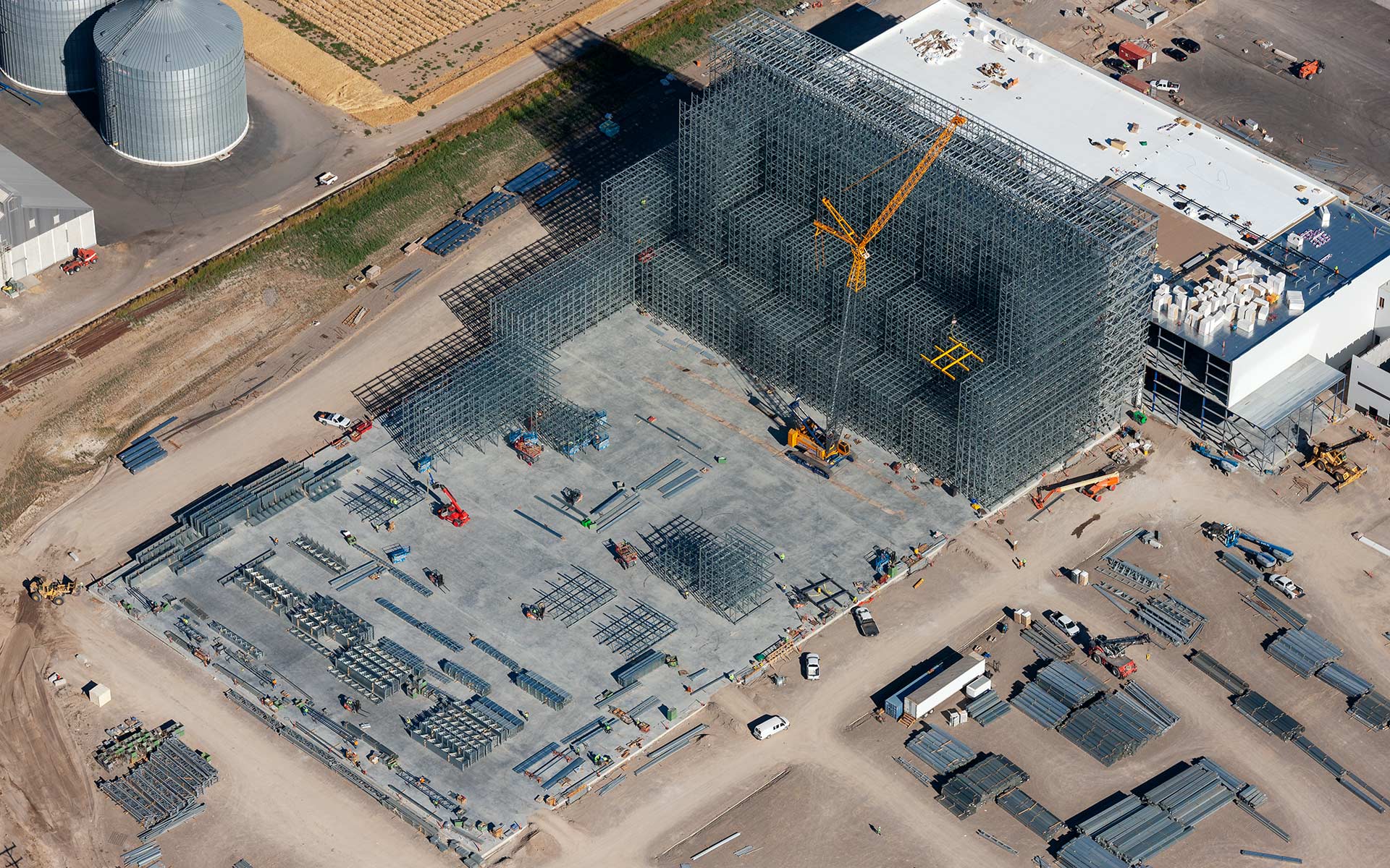 Aerial Photography-Construction of Agricultural Processing Plant in Burley, Idaho with Crane.