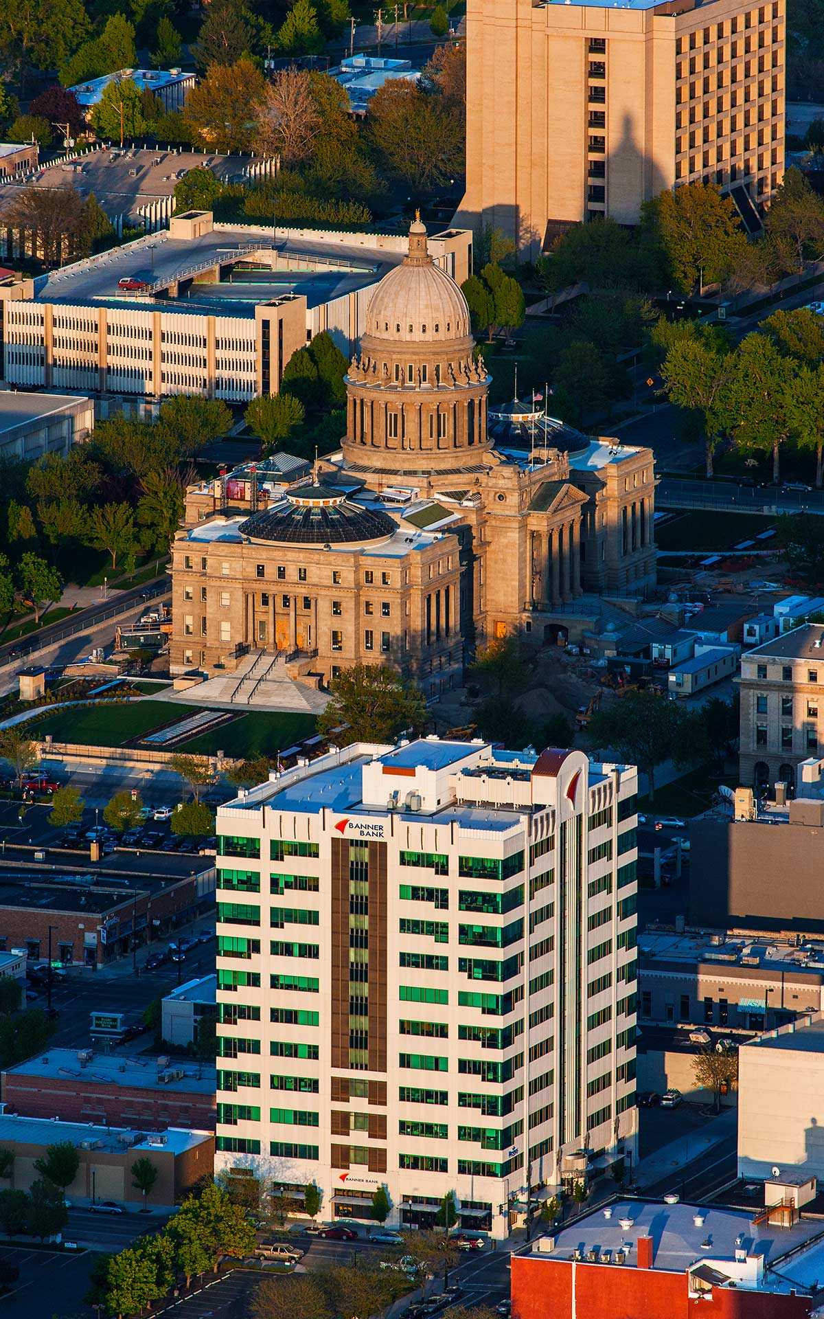 Aerial Photography-Banner Bank Framed in Shadow with Idaho Capitol, Downtown Boise, Idaho.