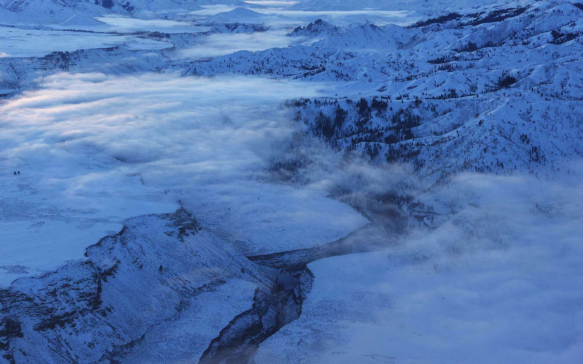 Aerial Photography-South Fork of the Boise River in Winter with Ground Fog.