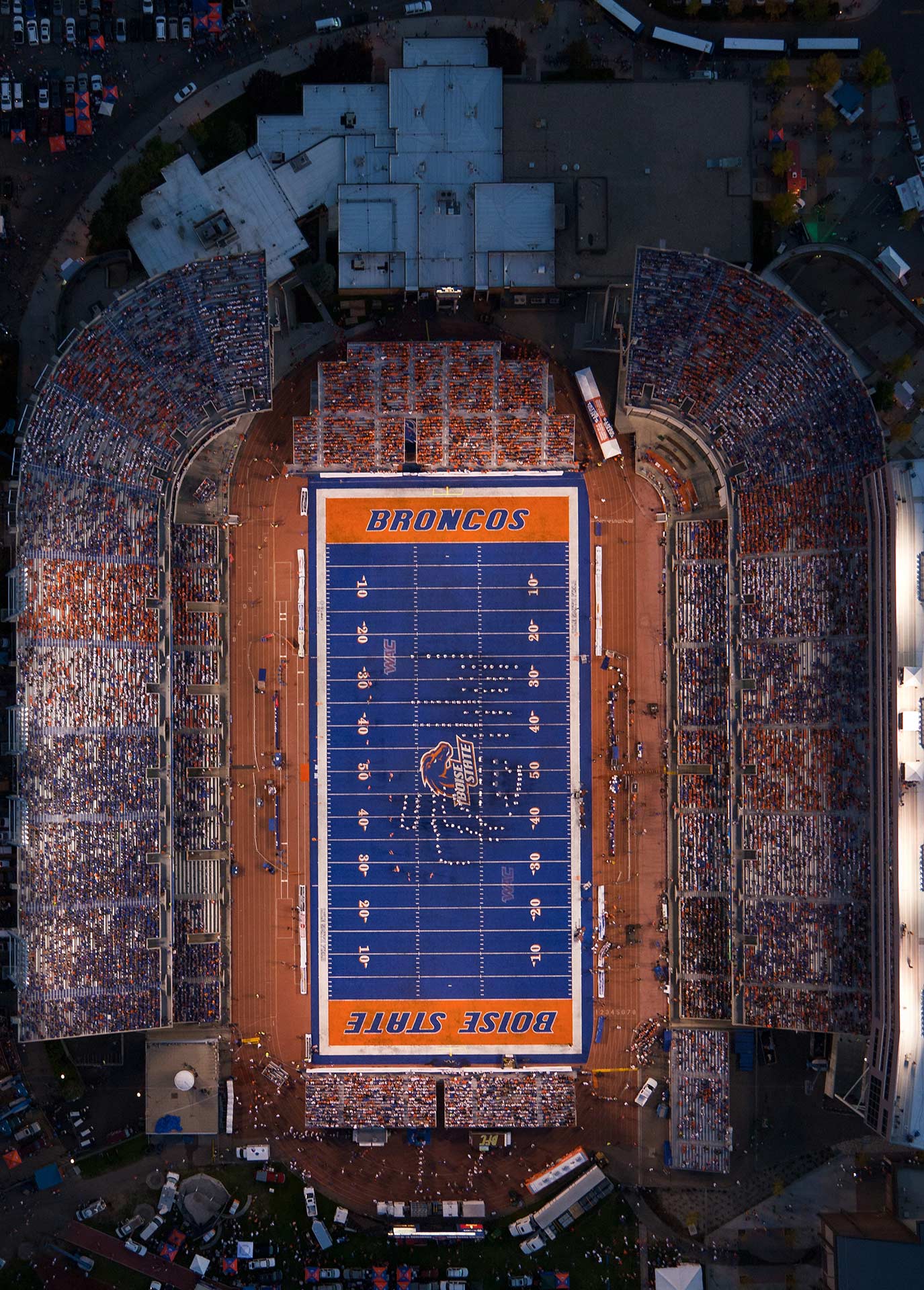 Aerial Photography-Orthograph of Boise State Football Night Game at Albertson Stadium.