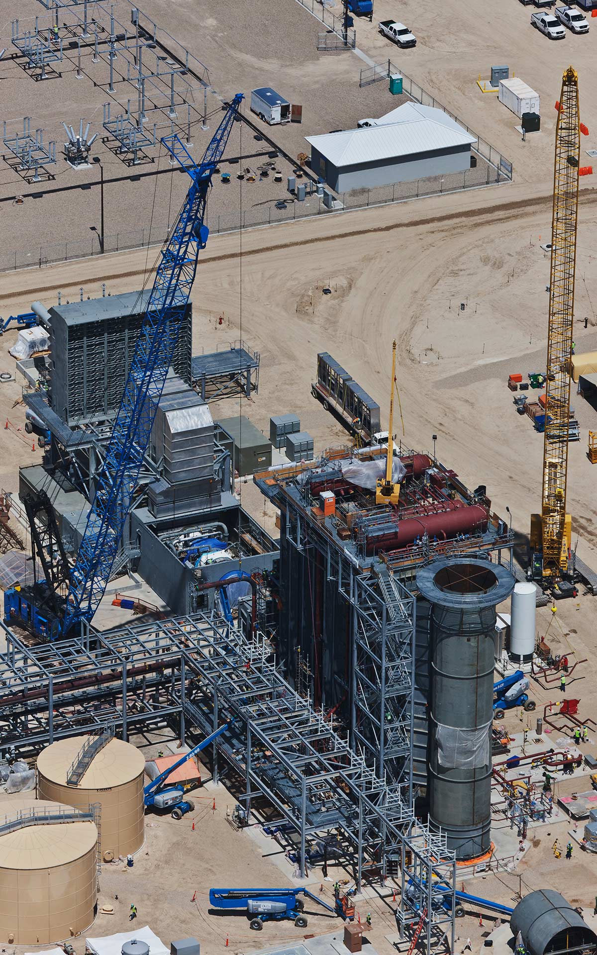 Aerial Photography-Construction of Natural Gas Power Generation Plant: Cranes, Heat Exchangers, Turbine Engine.