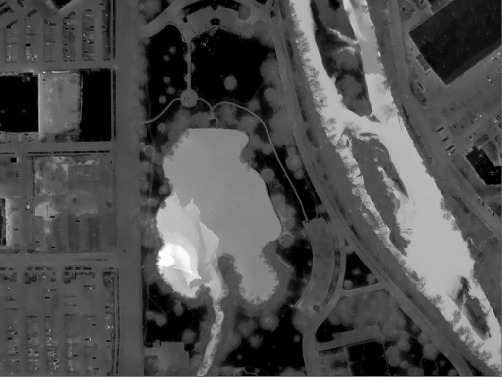 Aerial Thermograph of Julia Davis Park Pond and the Boise River Adjacent to Boise State University in Downtown Boise, Idaho.
