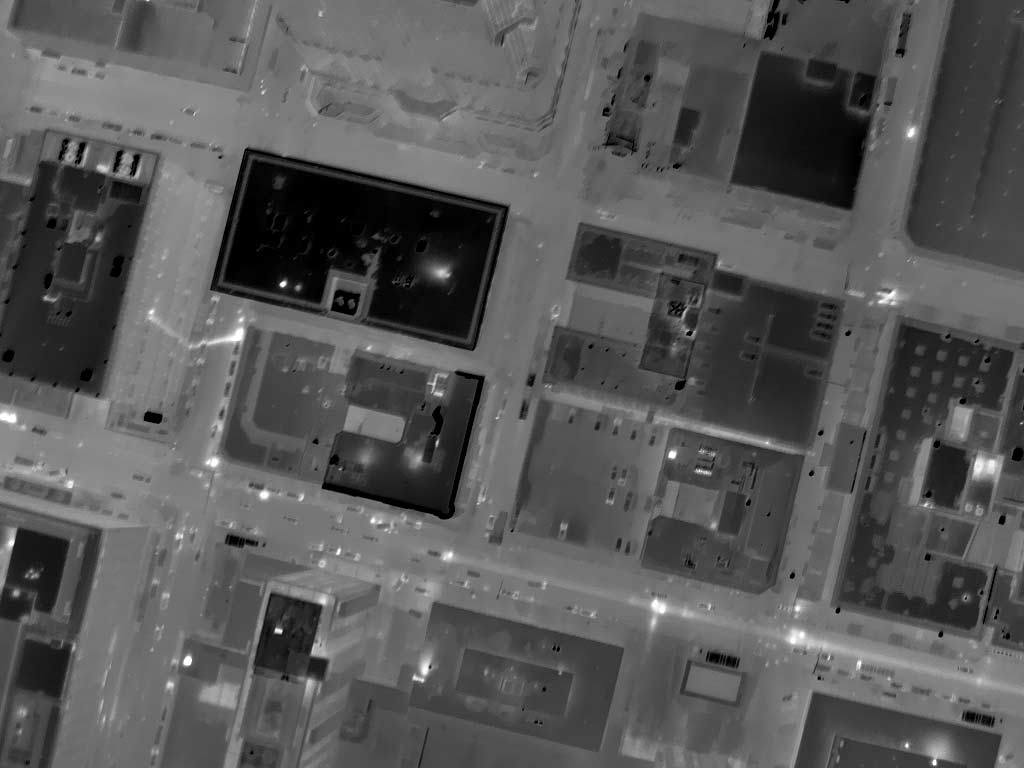 Night Aerial Thermograph of Downtown St. Louis, MO, Near 4th St. North and Pine. An Issue and It's Reflection are Obvious. Approximate Ambient Air Temperture 20°F Without Respect to Urban Canyon Microclimatologies.