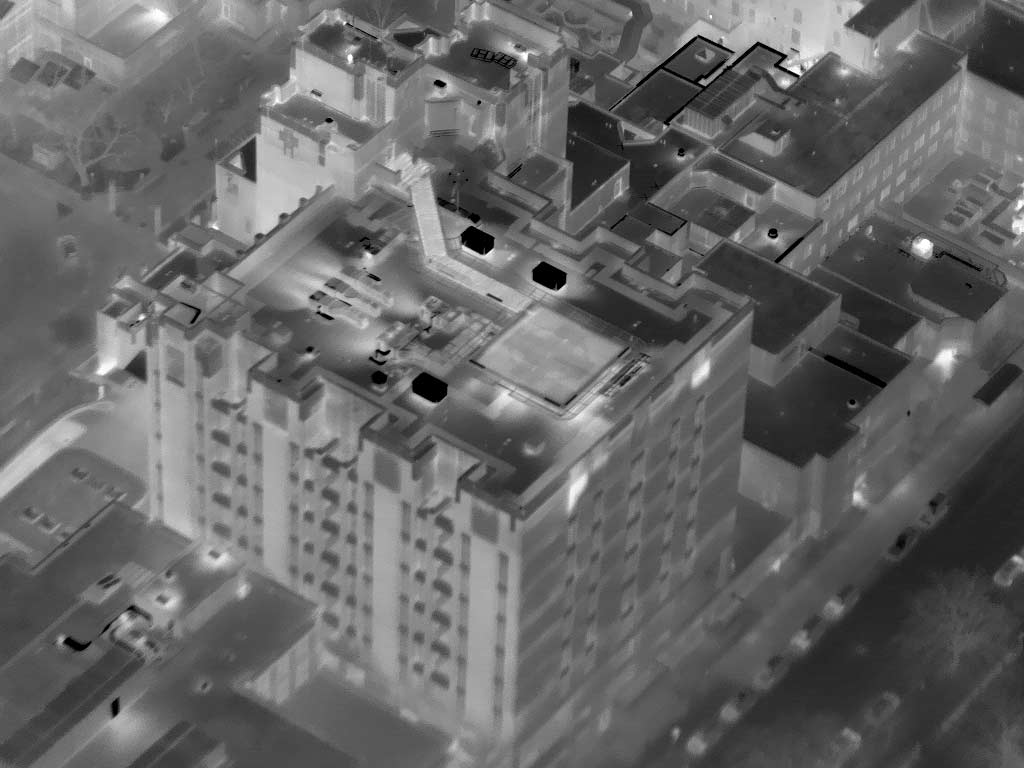 Aerial Oblique Thermograph of the St. Lukes RMC Tower in Downtown Boise, Idaho.