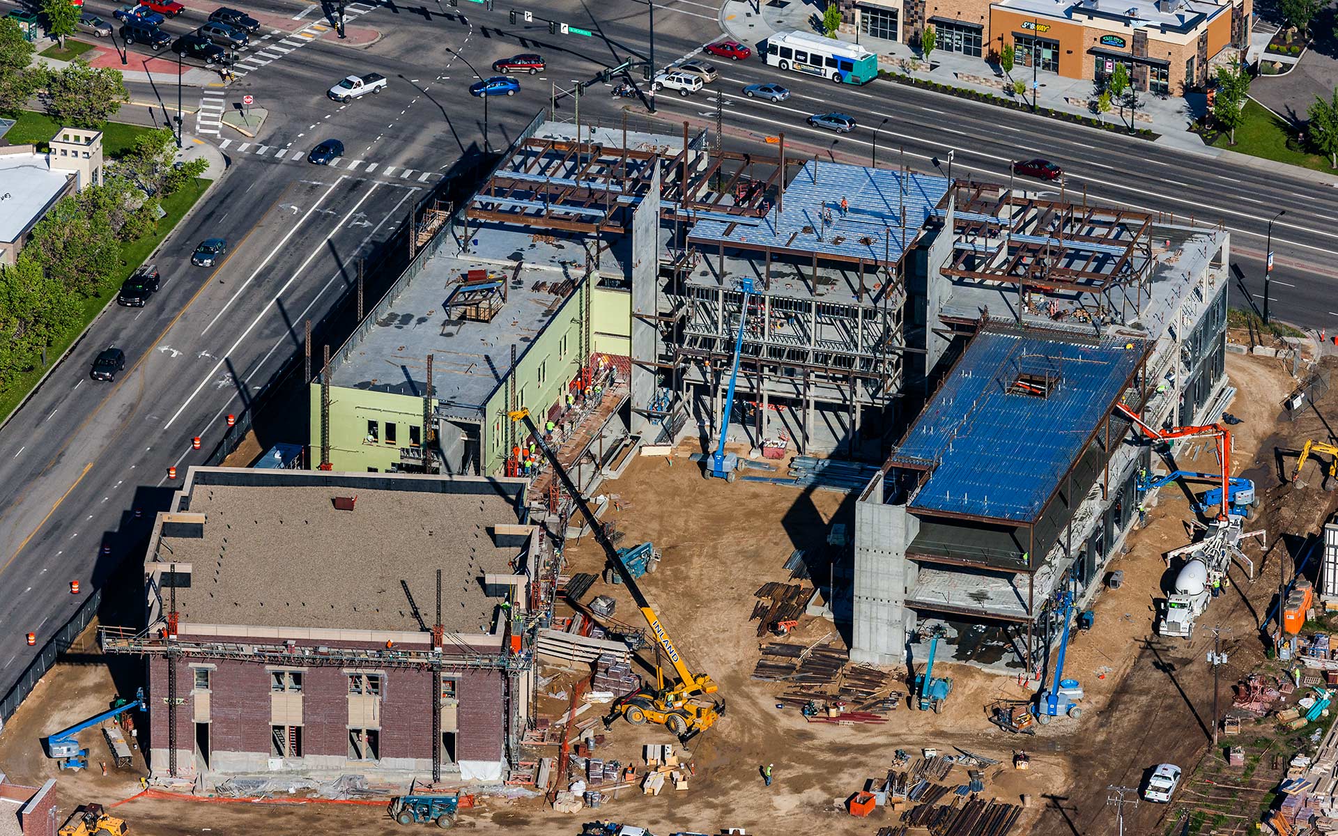 Aerial Photography-Construction of the Micron Business and Economics Building at Boise State University.