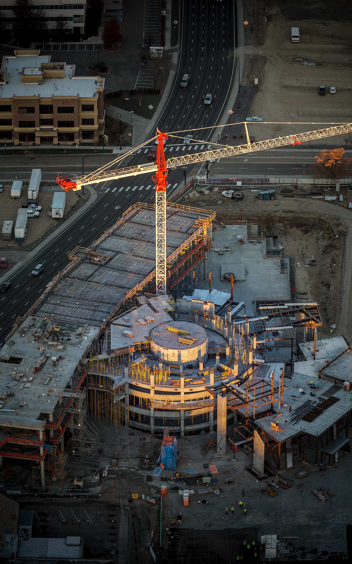 Aerial Photography-JUMP Construction Downtown Boise, Idaho, with Crane, at Sunrise.