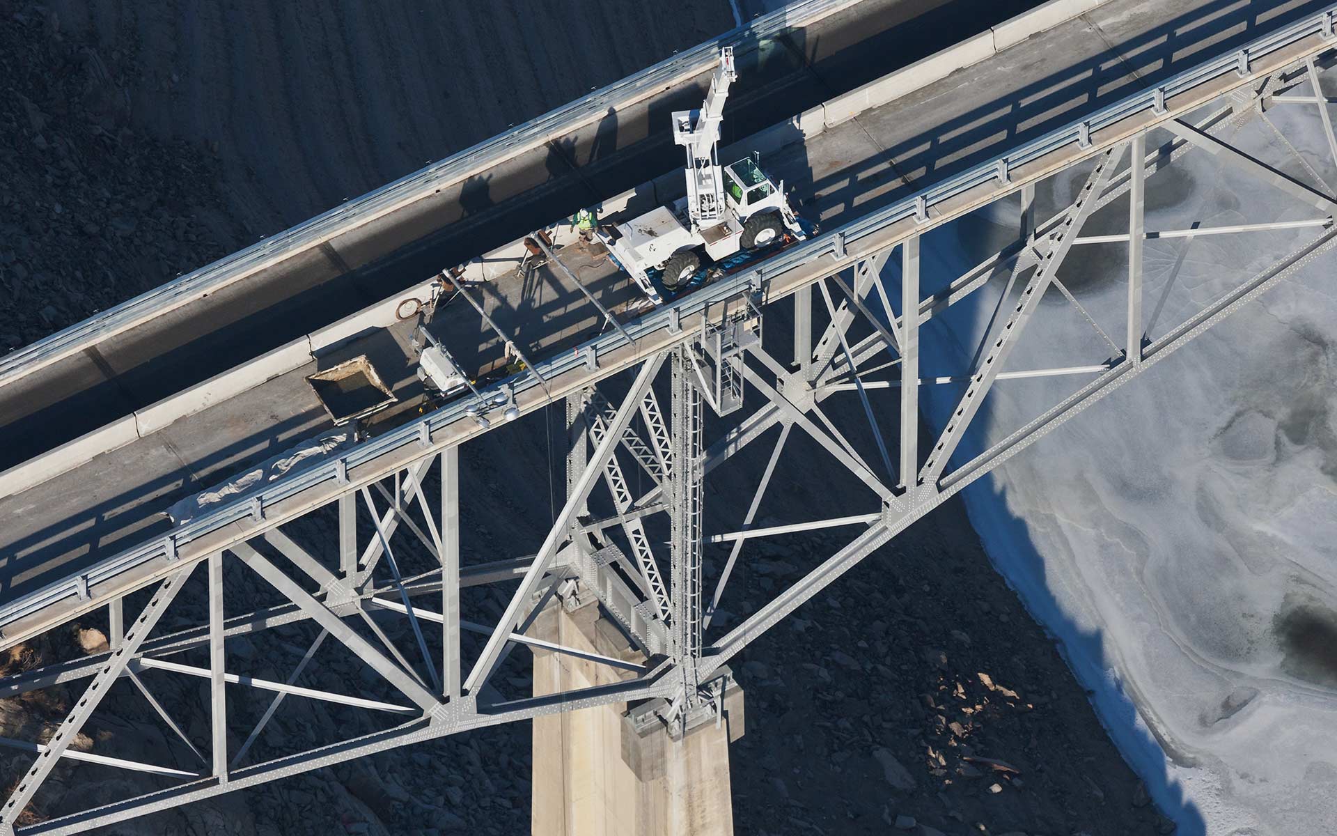 Aerial Photography-Deck Repair on Idaho State Highway 21 Tall Bridge Near Robie Creek, Idaho.