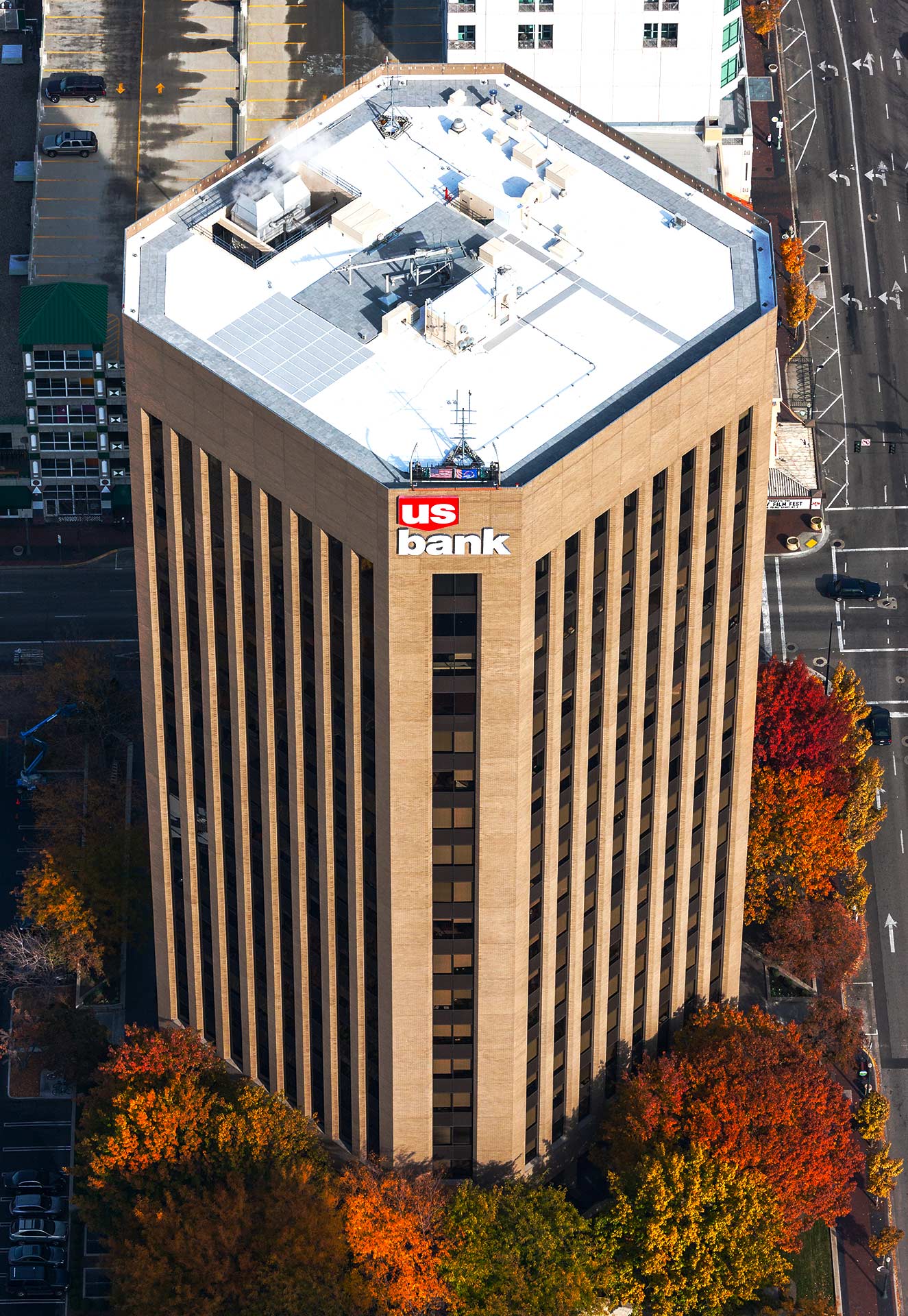Aerial Photography-USBank Building in Downtown Boise, with Fall Color.