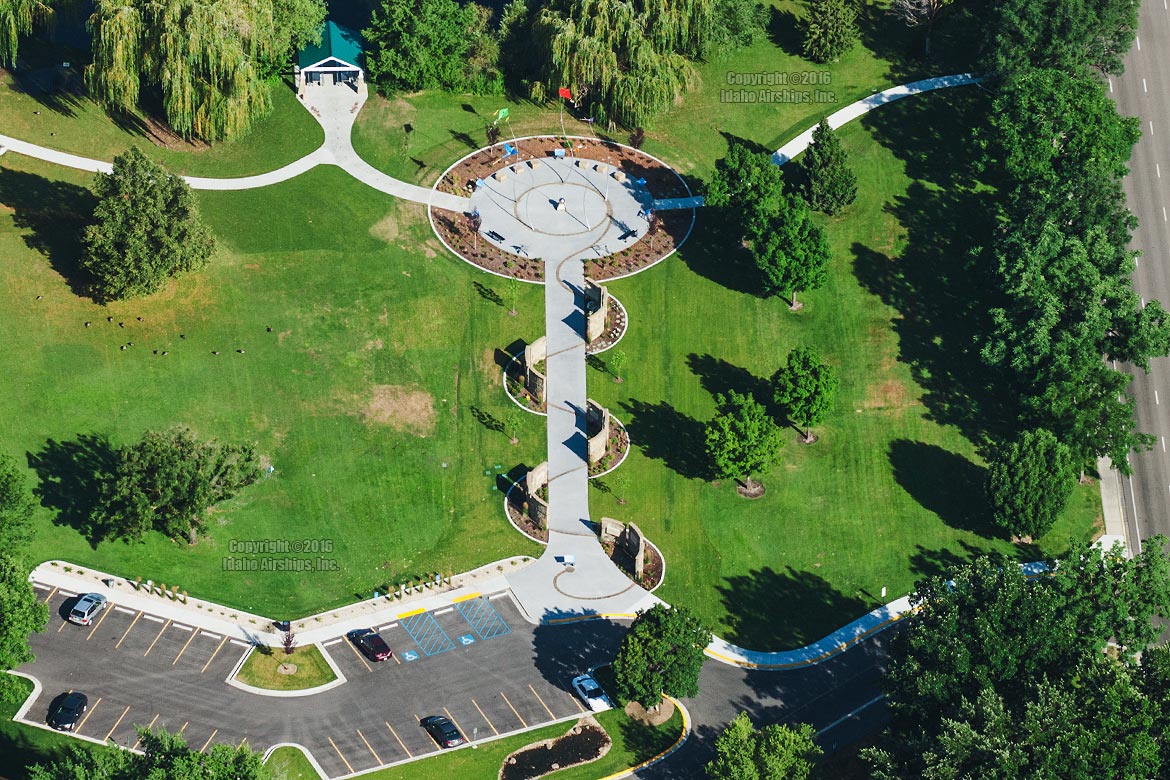 Aerial photograph of the Bloch Cancer Memorial, Julia Davis Park, downtown Boise, Idaho.