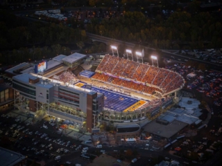 Aerial Photography-Boise State Football in Albertson Stadium at Night.