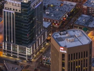 Aerial Photography-Zion's Bank (8th &amp; Main) and USBank at Night, Downtown Boise, Idaho.
