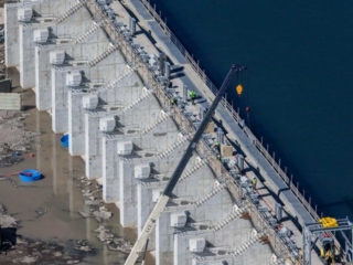 Aerial Photography-Dam Construction at Lake Walcott near Burley, Idaho, with Crane.