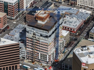 Aerial Photography-Construction Crane at Zion's Bank (8th &amp; Main) in Downtown Boise, Idaho.