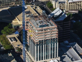 Aerial Photography-Construction of Zion's Bank (8th &amp; Main), Dowwntown Boise, Idaho, With Cranes; JUMP in the Background.