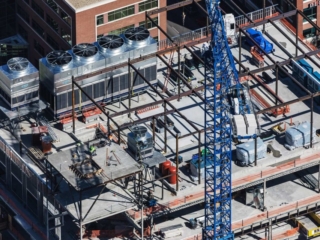 Aerial Photography-Construction Crane Placing HVAC Appliances, Zion's Bank (8th &amp; Main), Downtown Boise, Idaho.