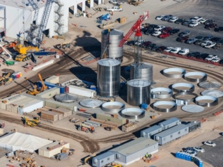 Aerial Photography-Construction at Chobani, Twin Falls, Idaho, with Tanks and Cranes.