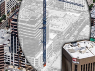 Aerial Photography-Crane at Zion's Bank (8th and Main) Construction, with Special Effects.