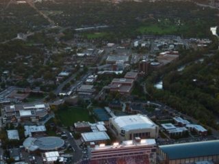 Aerial Photography-Boise State Football at Albertson Stadium, With Boise River and Boise State University Under Sunset.