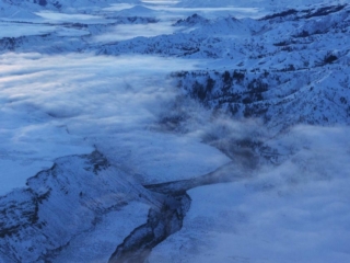 Aerial Photography-South Fork of the Boise River in Winter with Ground Fog.