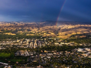 Aerial Photography-Downtown Boise, Idaho, BSU Division 1 Football, and Foothills, with Rainbow.