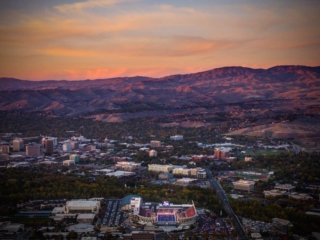 Aerial Photography-Boise State Football, Downtown Boise, and Foothills at Sunset.