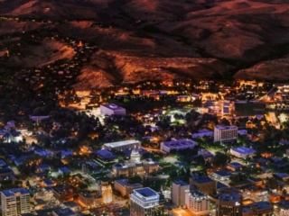 Aerial Photography-Downtown Boise, Idaho and Foothills, at Sunset.