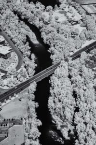 Near Infrared Aerial Photography, Old Broadway Bridge Over the Boise River, Downtown Boise, Idaho.