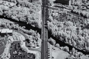 Near Infrared Aerial Photography, Old Broadway Bridge Over the Boise River, Downtown Boise, Idaho.