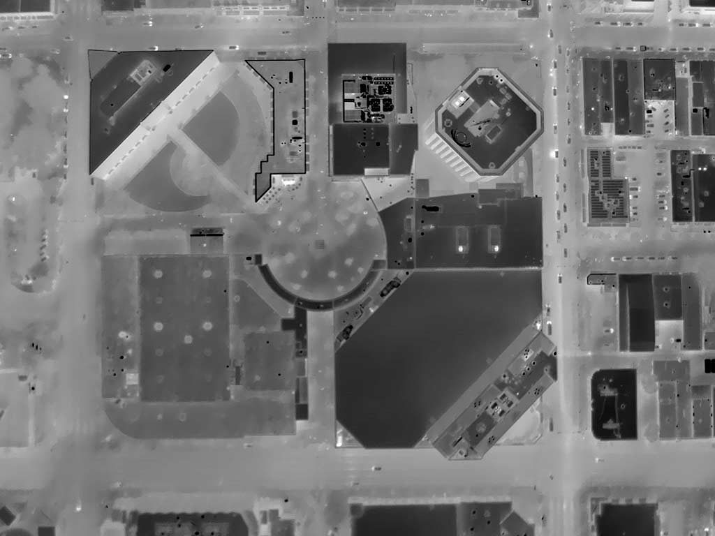 Aerial Thermograph of the Boise Centre in Downtown Boise, Idaho. This image was acquired at night on 10/27/18.