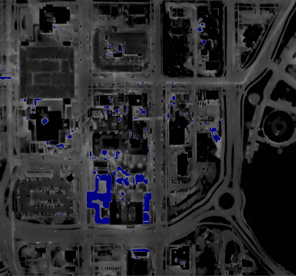 Night Aerial Thermogram of a Hospital Complex with False Color (Dark Blue) Indicating an Reflected Apparent Temperature Exceeding the Approximate Ambient Temperature (20°F).