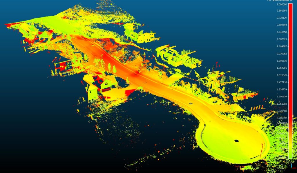 Indicating Total Translation Distance (Along All Axes) is Useful but Still Busy. The Selection and Distribution of Color Does Effectively Highlight The Escarpment on the "Opposite" Side of the Street, But Also Exaggerates Some Structural Phenomena.