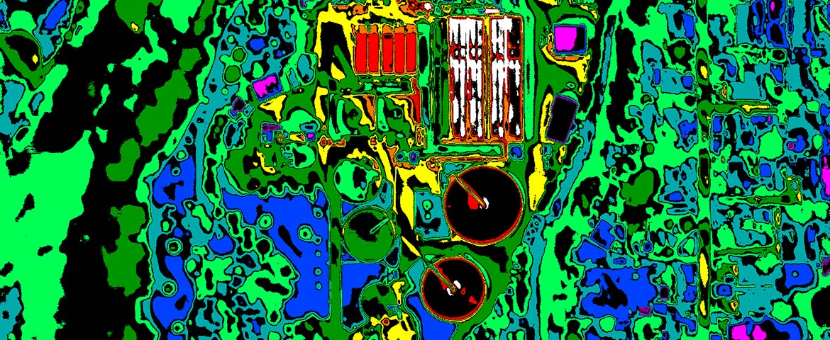 Aerial Thermography of a Wastewater Treatment Plant; General Tuning, High Contrast Gradient Map Palette.