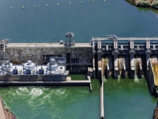 Aerial Photography-Bliss Dam on the Snake River, Near Bliss, Idaho.