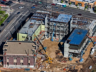 Aerial Photography-Construction of the Micron Business and Economics Building at Boise State University.