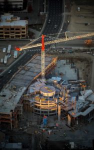 Aerial Photography, JUMP in Downtown Boise Under Construction at Sunrise, With Crane.