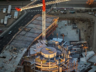 Aerial Photography-JUMP Construction Downtown Boise, Idaho, with Crane, at Sunrise.