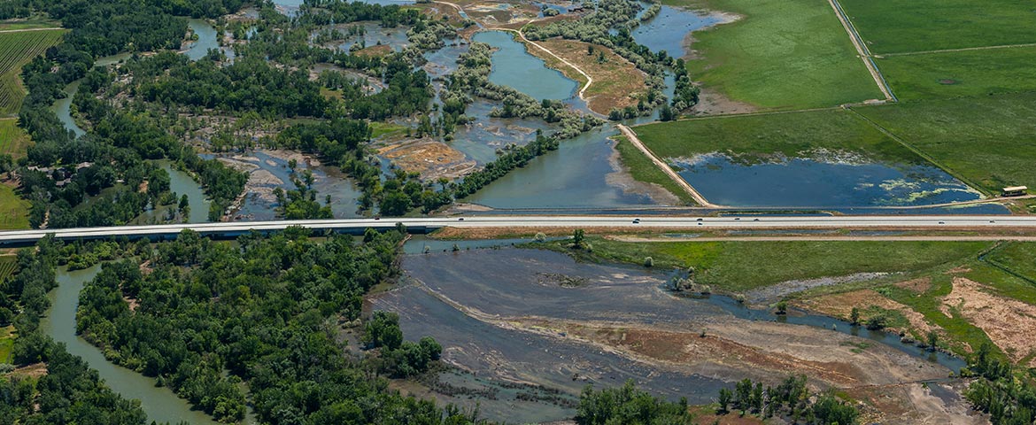 Oblique Aerial Photograph of The Boise River Flooding at Idaho State Highway 16 Bridge, 2017; View East.